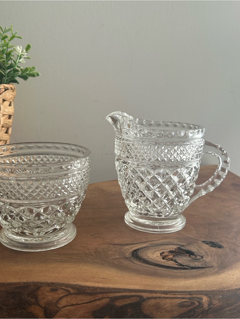 Clear Cut Glass Creamer & Sugar desert Bowl set vintage diamond